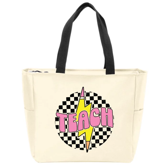 Women Checkered Teach Pencil Lightning Bolt Back To School Zip Tote Bag