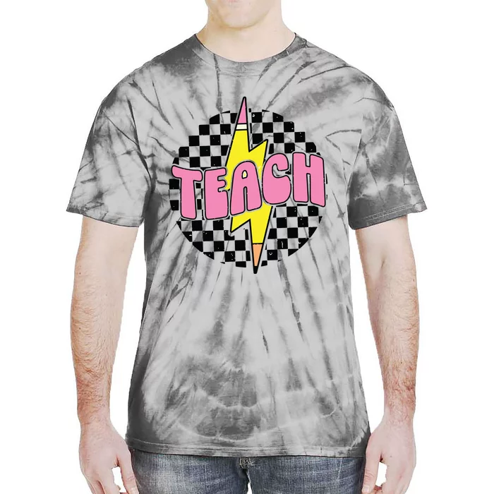 Women Checkered Teach Pencil Lightning Bolt Back To School Tie-Dye T-Shirt