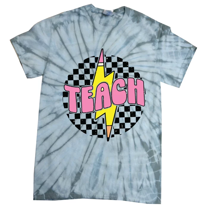 Women Checkered Teach Pencil Lightning Bolt Back To School Tie-Dye T-Shirt