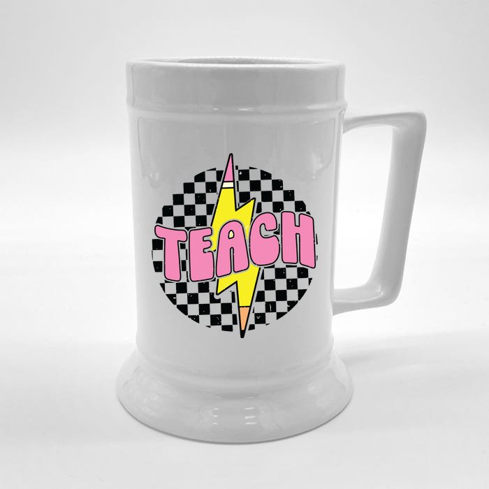 Women Checkered Teach Pencil Lightning Bolt Back To School Front & Back Beer Stein