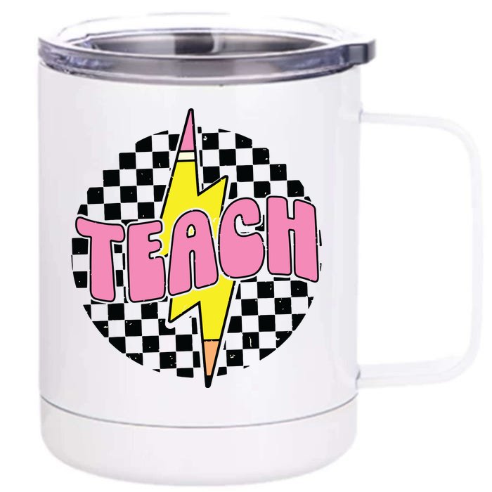 Women Checkered Teach Pencil Lightning Bolt Back To School Front & Back 12oz Stainless Steel Tumbler Cup