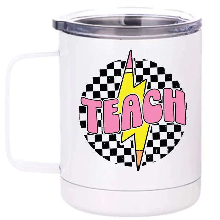 Women Checkered Teach Pencil Lightning Bolt Back To School Front & Back 12oz Stainless Steel Tumbler Cup