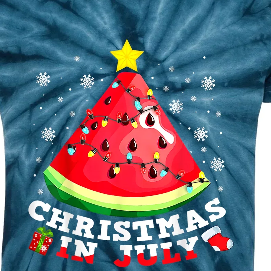 Watermelon Christmas Tree Christmas In July Summer Vacation Kids Tie-Dye T-Shirt