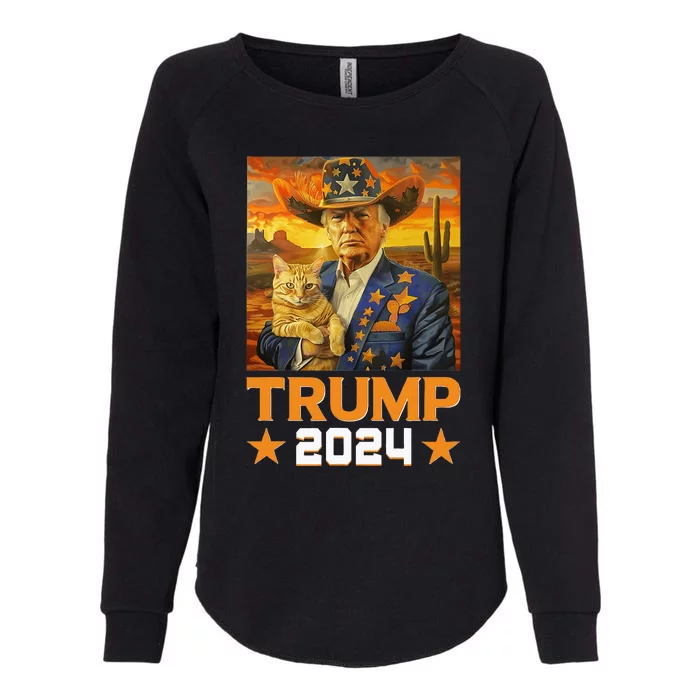 Western Cowboy Trump 2024 And Cat Patriotic Womens California Wash Sweatshirt