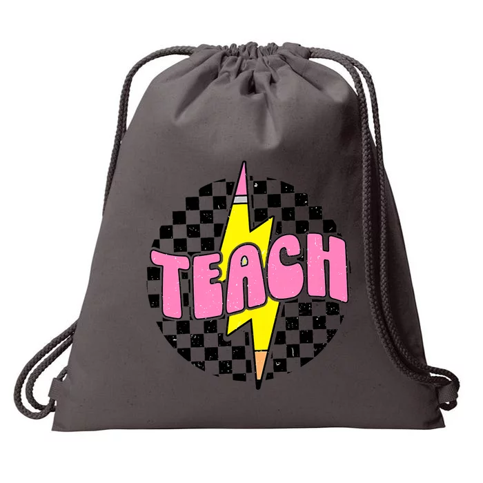 Women Checkered Teach Pencil Lightning Bolt Back To School Drawstring Bag