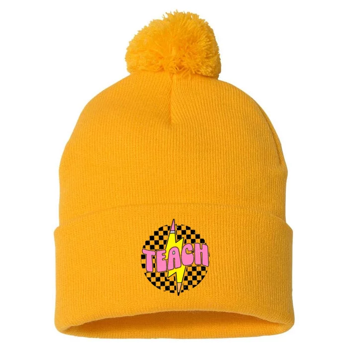 Women Checkered Teach Pencil Lightning Bolt Back To School Pom Pom 12in Knit Beanie