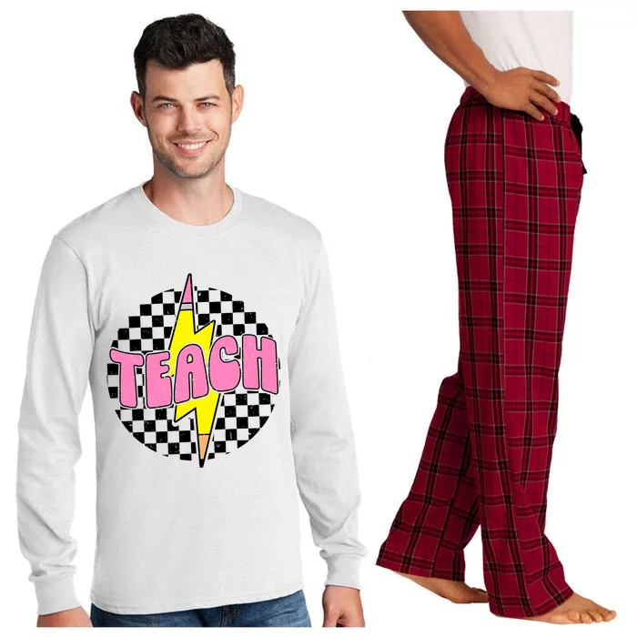 Women Checkered Teach Pencil Lightning Bolt Back To School Long Sleeve Pajama Set