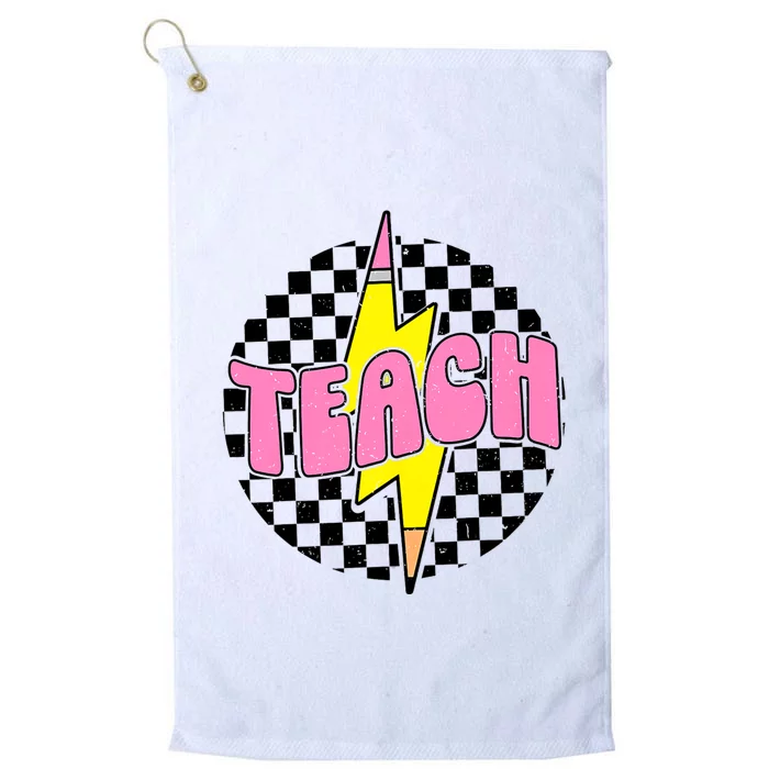 Women Checkered Teach Pencil Lightning Bolt Back To School Platinum Collection Golf Towel