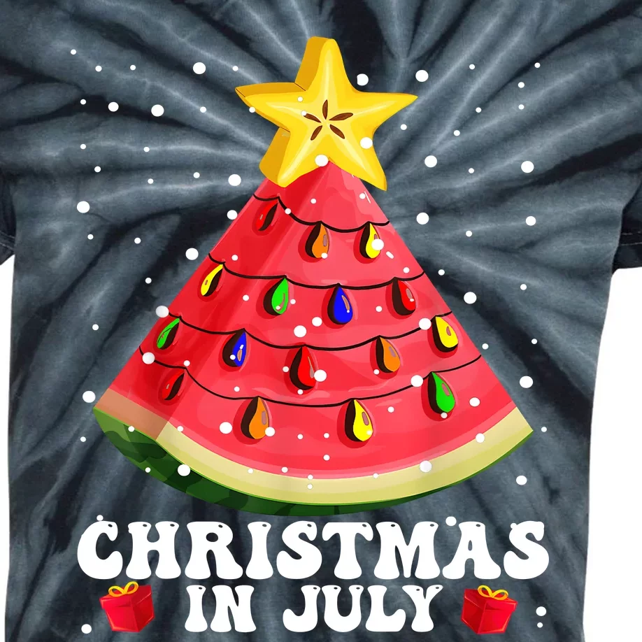 Watermelon Christmas Tree Christmas In July Summer Vacation Kids Tie-Dye T-Shirt