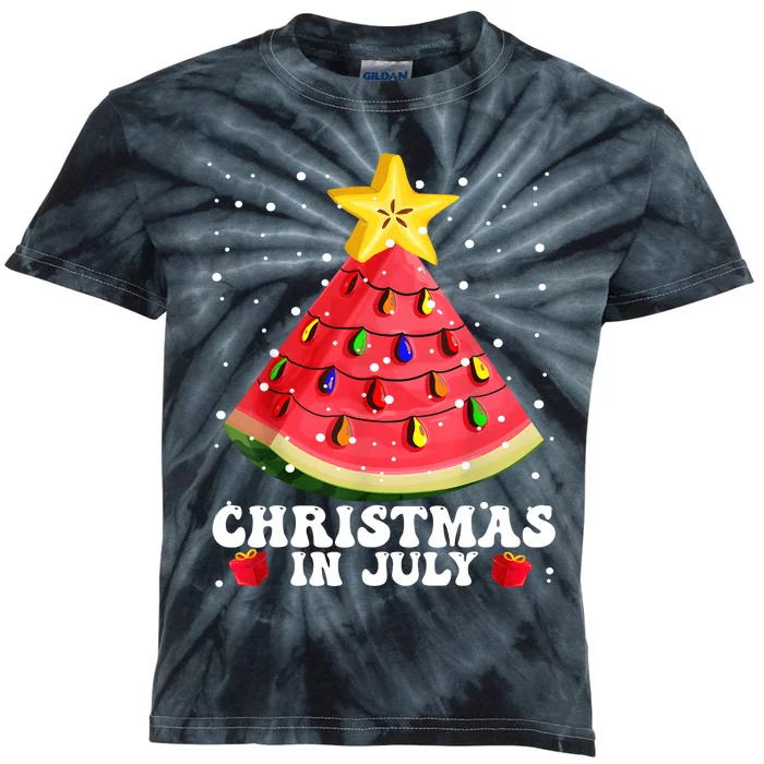 Watermelon Christmas Tree Christmas In July Summer Vacation Kids Tie-Dye T-Shirt