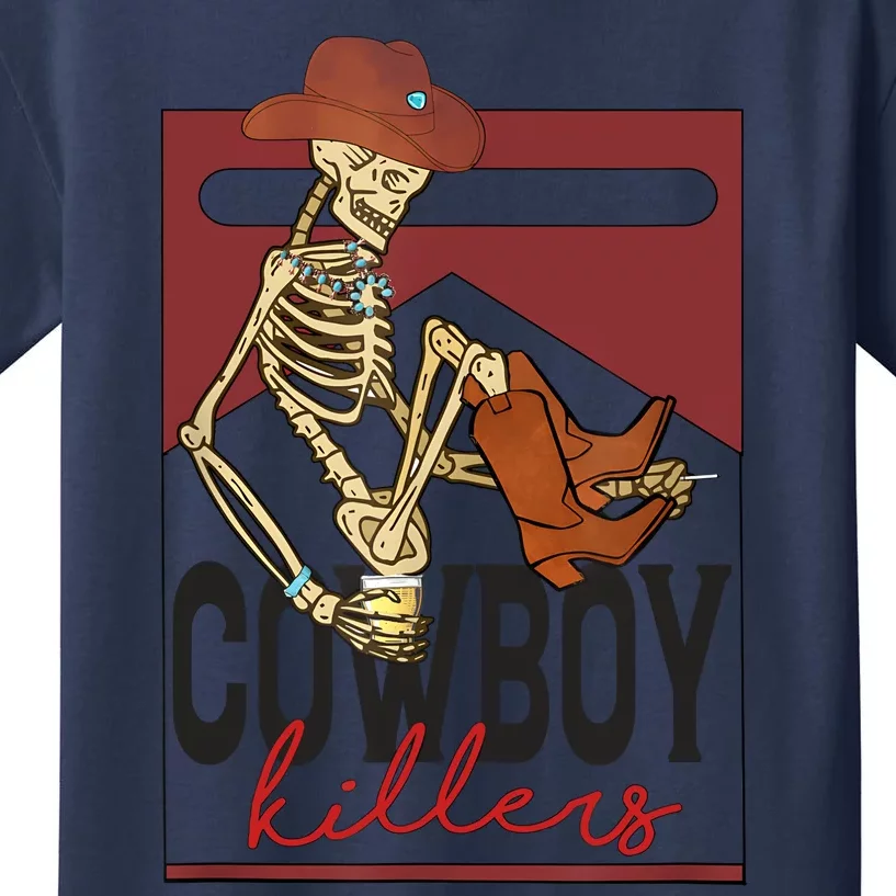 Western Cowboy Vintage Punchy Cowboy Killers Skull Skeleton Kids T-Shirt