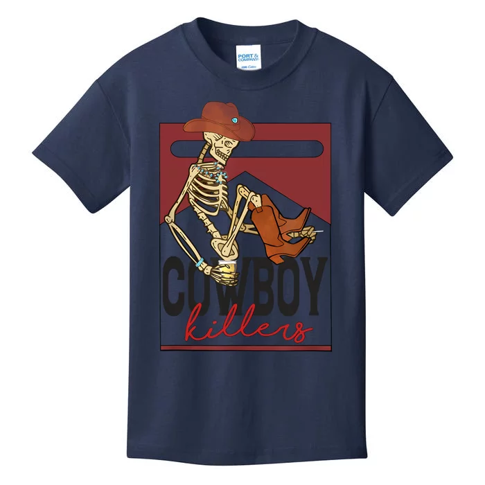 Western Cowboy Vintage Punchy Cowboy Killers Skull Skeleton Kids T-Shirt