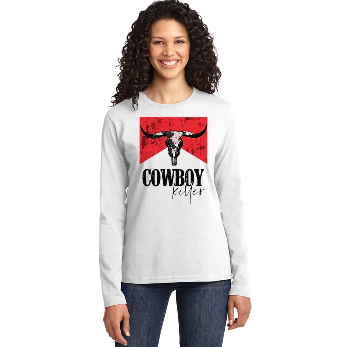 Western Cowgirl Vintage Punchy Cowboy Killers Skull Ladies Long Sleeve Shirt