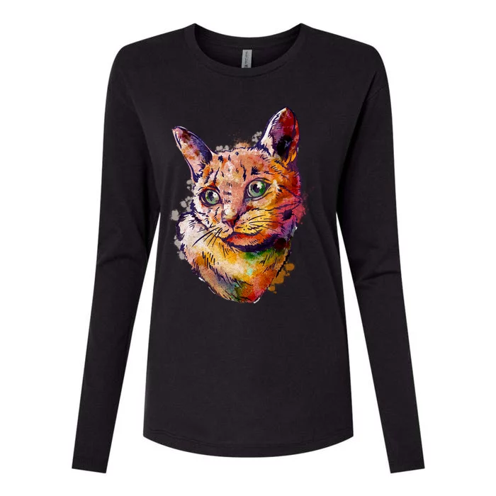 Watercolor Cat Womens Cotton Relaxed Long Sleeve T-Shirt