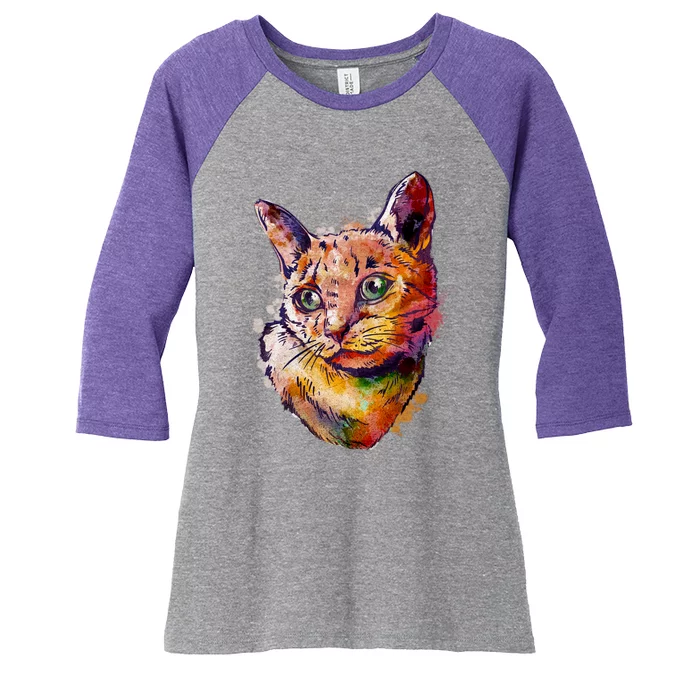 Watercolor Cat Women's Tri-Blend 3/4-Sleeve Raglan Shirt