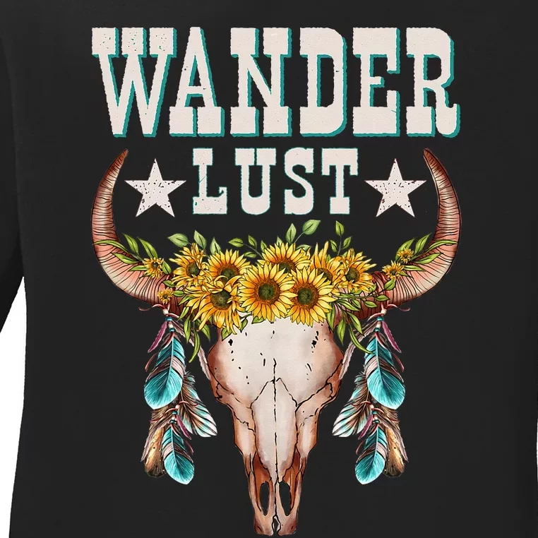 Wanderlust Country Western Boho Cow Skull Adventure Ladies Long Sleeve Shirt