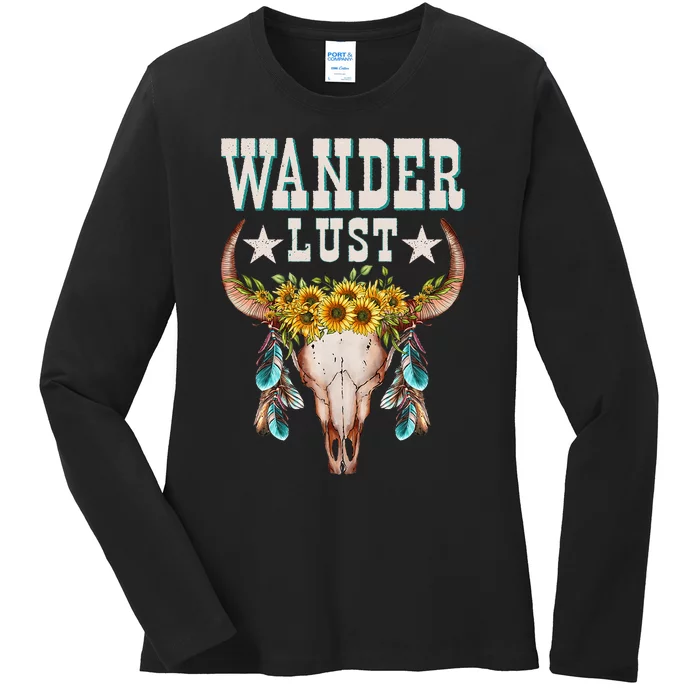 Wanderlust Country Western Boho Cow Skull Adventure Ladies Long Sleeve Shirt