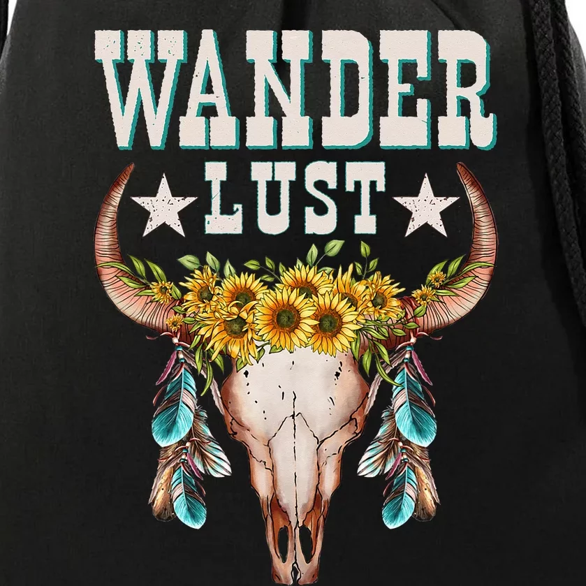 Wanderlust Country Western Boho Cow Skull Adventure Drawstring Bag