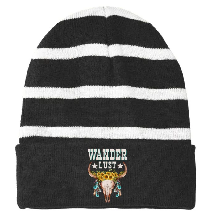 Wanderlust Country Western Boho Cow Skull Adventure Striped Beanie with Solid Band