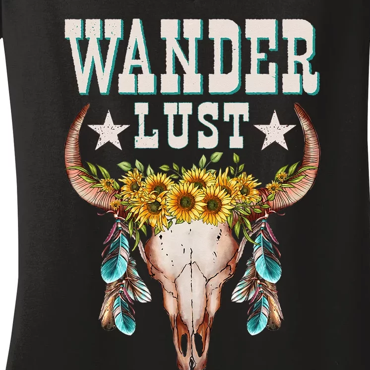 Wanderlust Country Western Boho Cow Skull Adventure Women's V-Neck T-Shirt