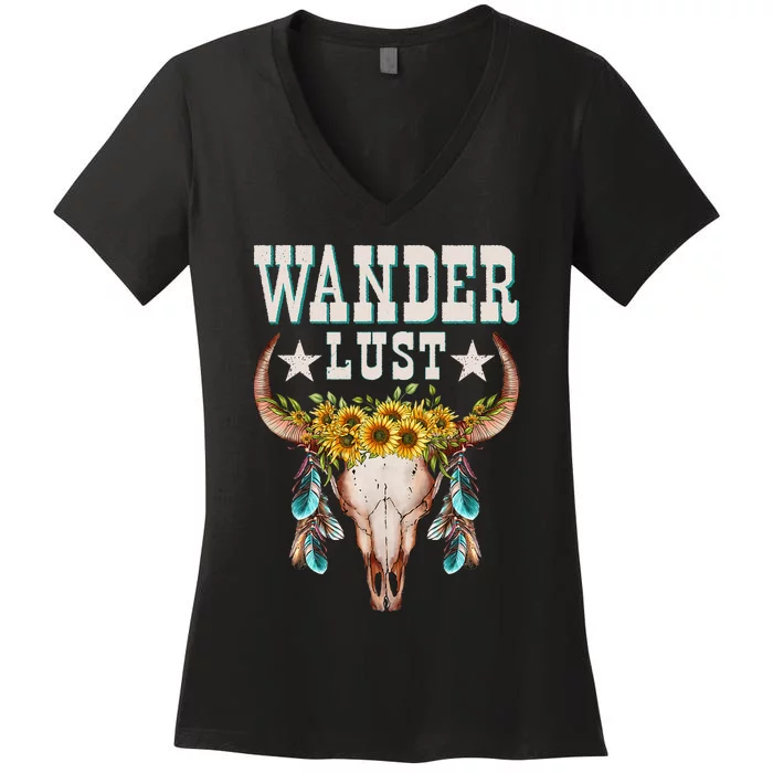 Wanderlust Country Western Boho Cow Skull Adventure Women's V-Neck T-Shirt