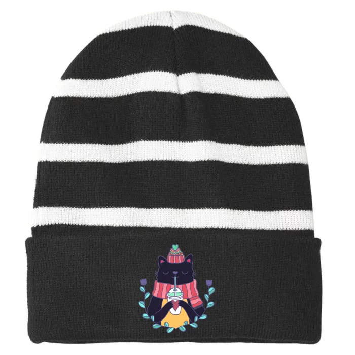 Winter Cat Striped Beanie with Solid Band