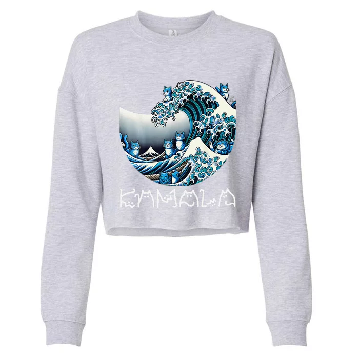 Women Cute Wave Of Blue Cats For Kamala Funny Gift Cropped Pullover Crew