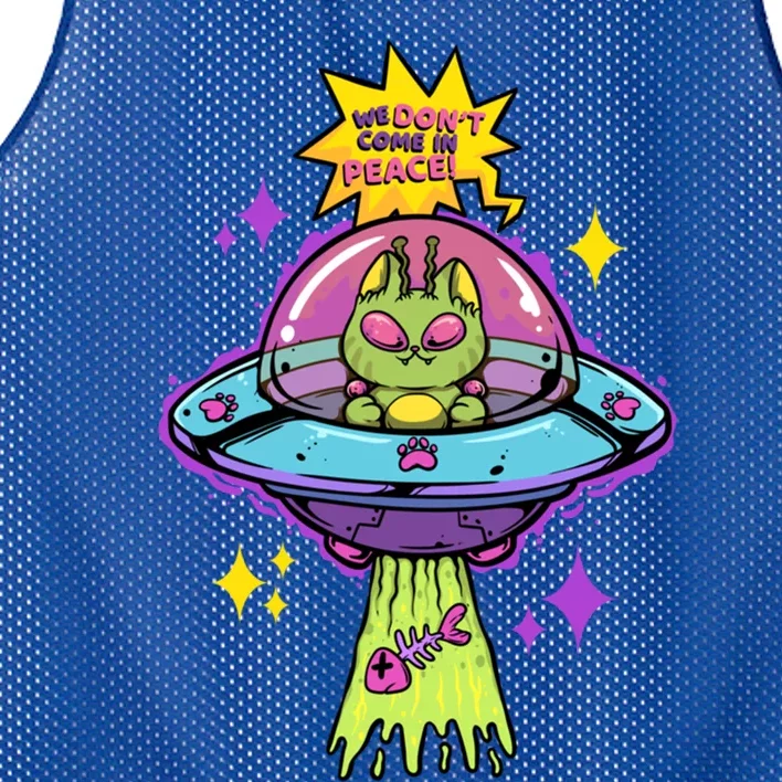 We Dont Come In Peace Space Cosmic Cat Ufo Alien Abduction Gift Mesh Reversible Basketball Jersey Tank