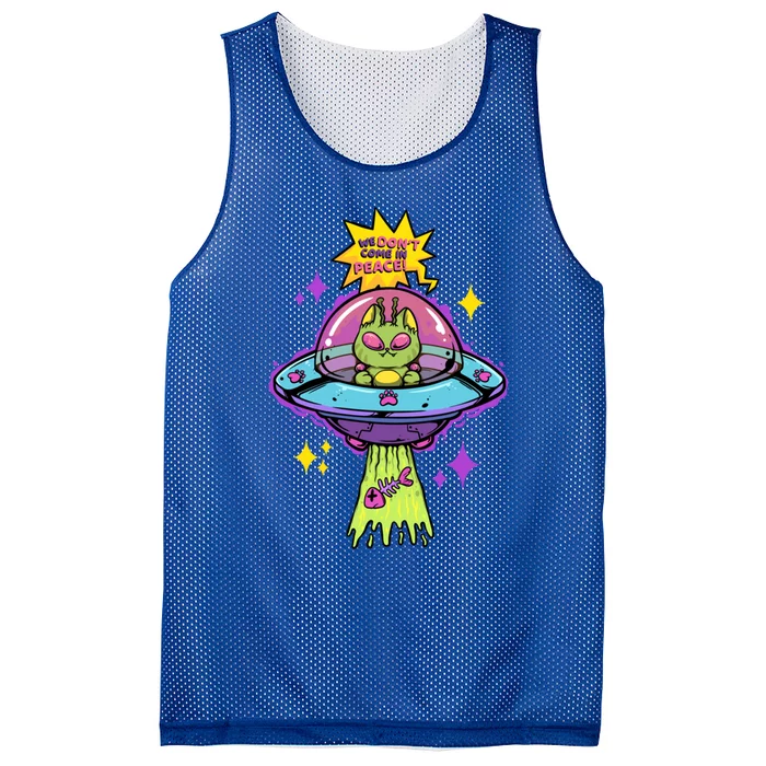 We Dont Come In Peace Space Cosmic Cat Ufo Alien Abduction Gift Mesh Reversible Basketball Jersey Tank