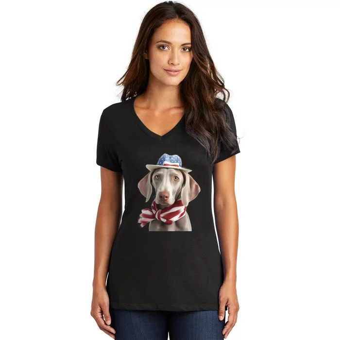 Weimaraner Dog Cute Weimaraners Puppy USA Flag Hat Women's V-Neck T-Shirt