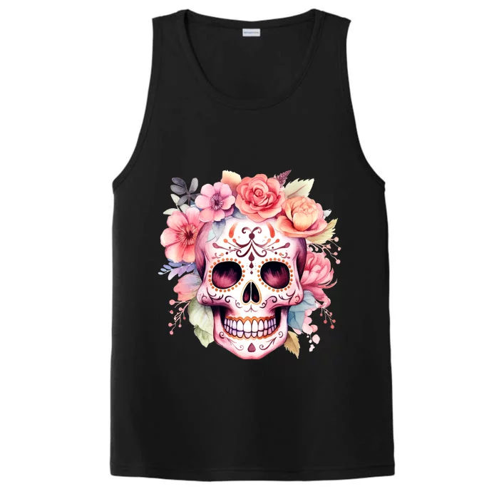 Watercolor Dia De Los Muertos Day Of The Dead Sugar Skull Performance Tank