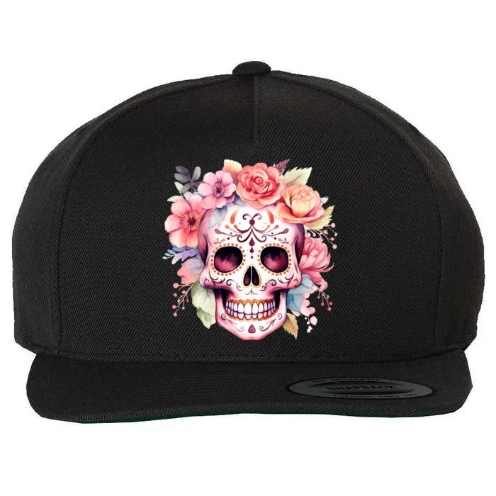 Watercolor Dia De Los Muertos Day Of The Dead Sugar Skull Wool Snapback Cap