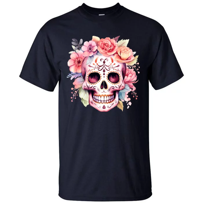 Watercolor Dia De Los Muertos Day Of The Dead Sugar Skull Tall T-Shirt