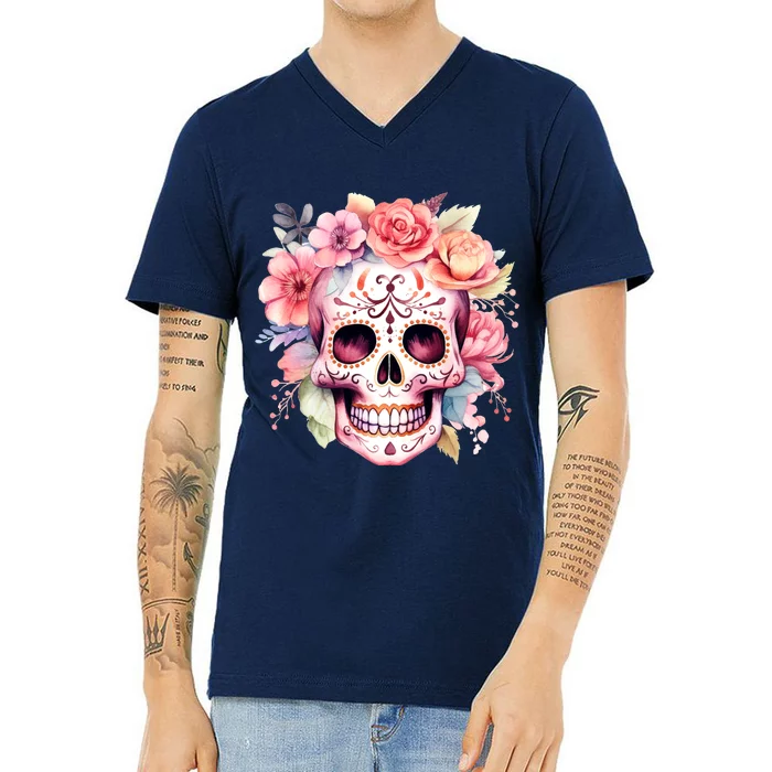 Watercolor Dia De Los Muertos Day Of The Dead Sugar Skull V-Neck T-Shirt