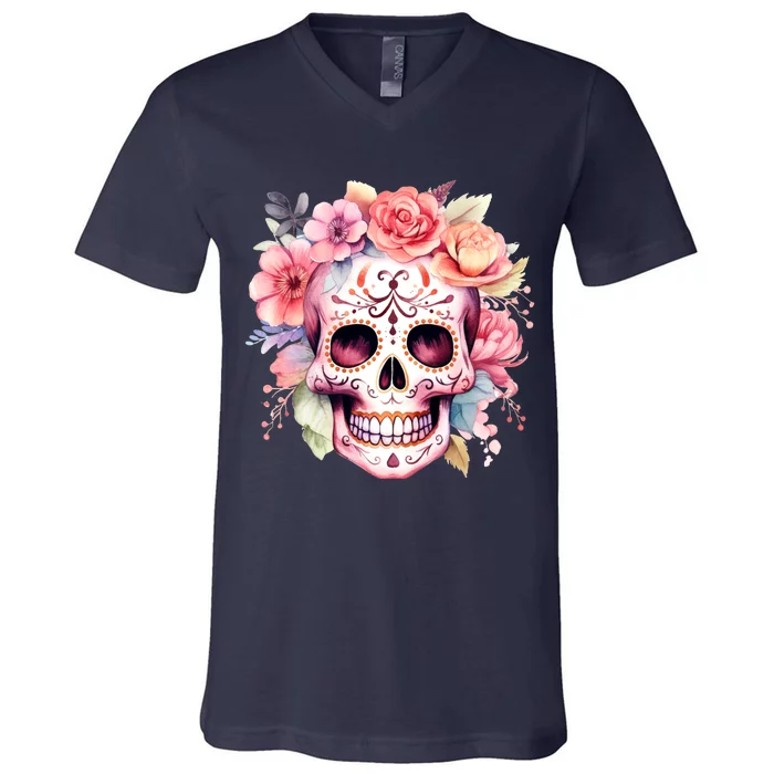 Watercolor Dia De Los Muertos Day Of The Dead Sugar Skull V-Neck T-Shirt