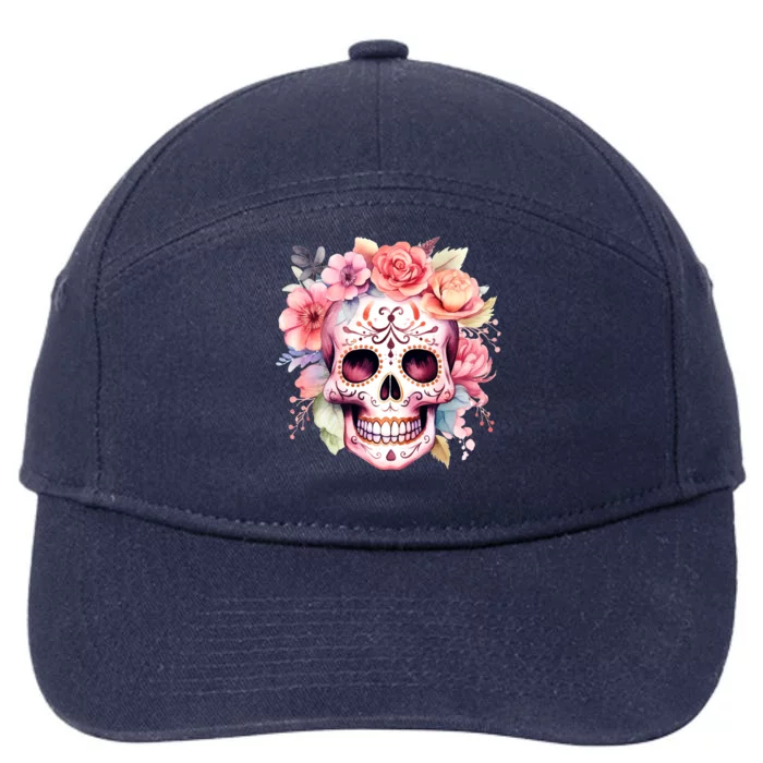 Watercolor Dia De Los Muertos Day Of The Dead Sugar Skull 7-Panel Snapback Hat