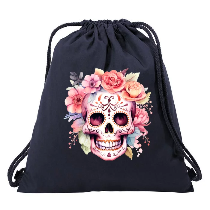 Watercolor Dia De Los Muertos Day Of The Dead Sugar Skull Drawstring Bag