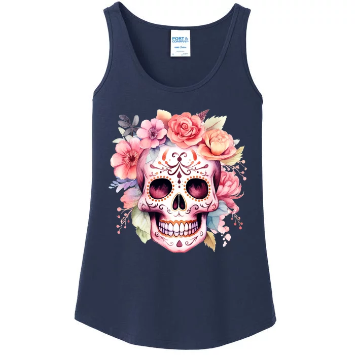 Watercolor Dia De Los Muertos Day Of The Dead Sugar Skull Ladies Essential Tank