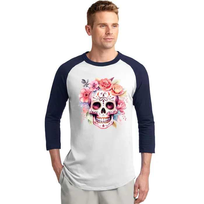 Watercolor Dia De Los Muertos Day Of The Dead Sugar Skull Baseball Sleeve Shirt