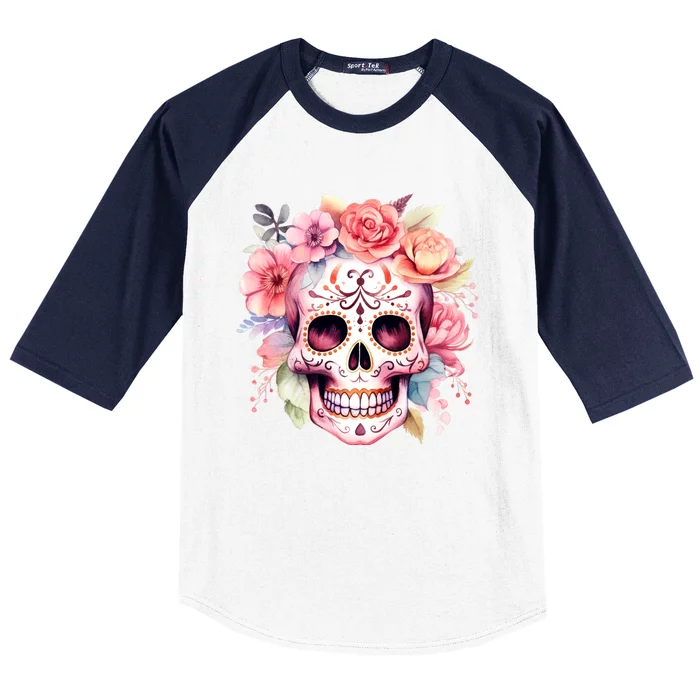 Watercolor Dia De Los Muertos Day Of The Dead Sugar Skull Baseball Sleeve Shirt