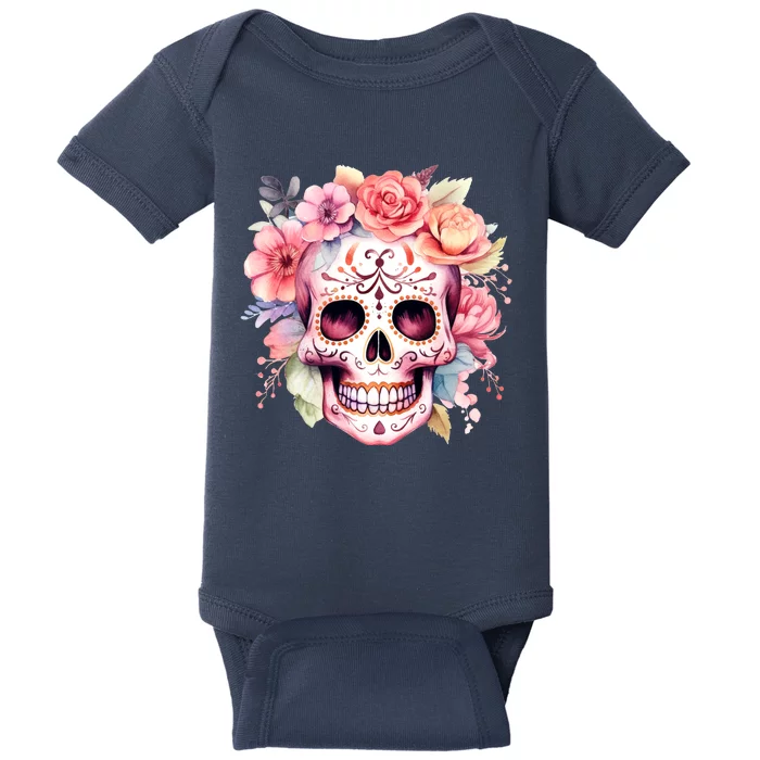 Watercolor Dia De Los Muertos Day Of The Dead Sugar Skull Baby Bodysuit