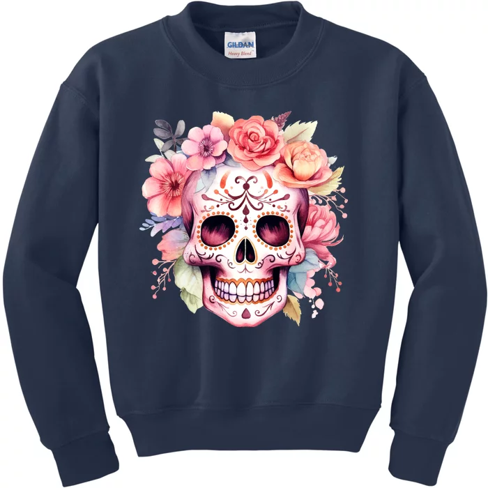 Watercolor Dia De Los Muertos Day Of The Dead Sugar Skull Kids Sweatshirt