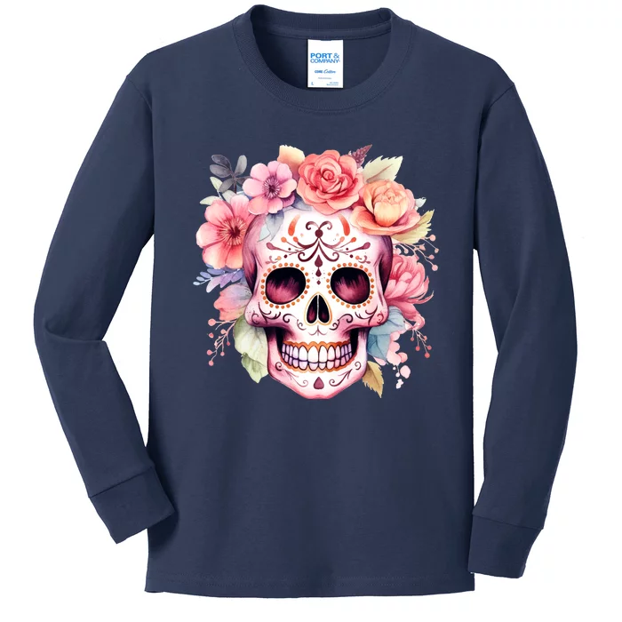 Watercolor Dia De Los Muertos Day Of The Dead Sugar Skull Kids Long Sleeve Shirt