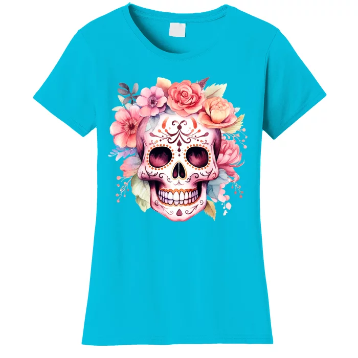 Watercolor Dia De Los Muertos Day Of The Dead Sugar Skull Women's T-Shirt