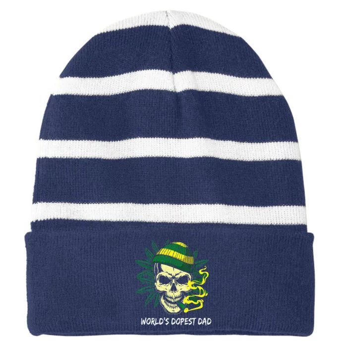 Worlds Dopest Dad Skull Weed 420 Cannabis Fun Fathers Day Striped Beanie with Solid Band