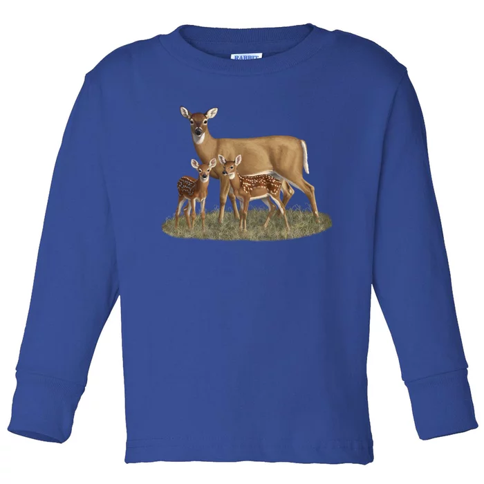 Whitetail Deer Doe And Cute Twin Fawns Wildlife Art Meaningful Gift Toddler Long Sleeve Shirt