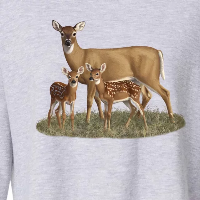 Whitetail Deer Doe And Cute Twin Fawns Wildlife Art Meaningful Gift Cropped Pullover Crew