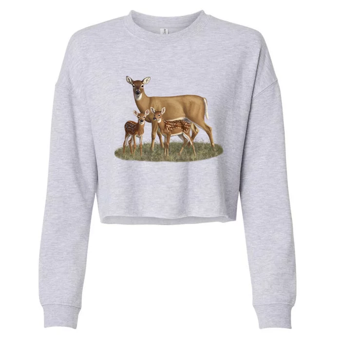 Whitetail Deer Doe And Cute Twin Fawns Wildlife Art Meaningful Gift Cropped Pullover Crew