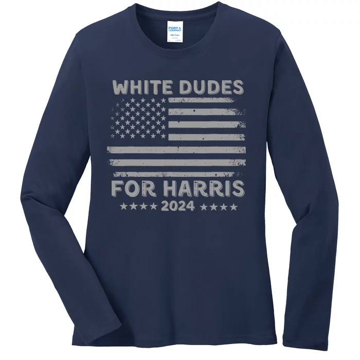 White Dudes For Harris2024 Usa Flag Ladies Long Sleeve Shirt