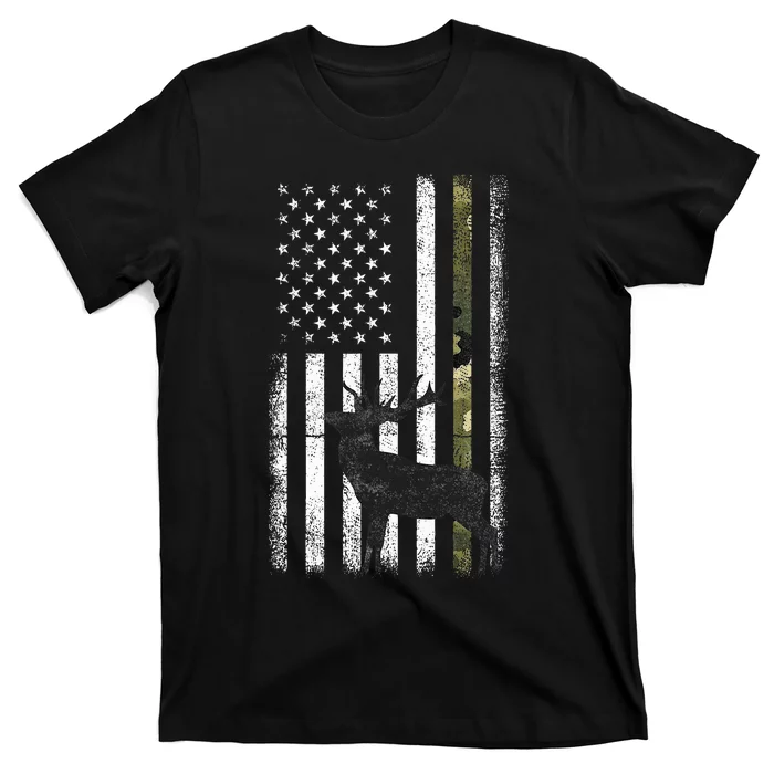 Whitetail Deer Hunting Hunter Elk Buck Camo American Flag T-Shirt